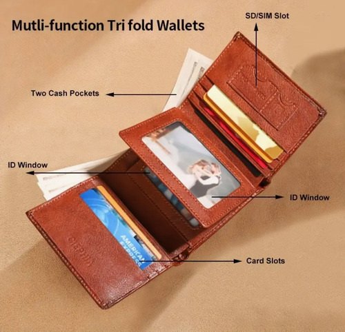 Billetera Cuero Genuino Ciephia Triple Pliegue Rfid Marrón Claro Liso