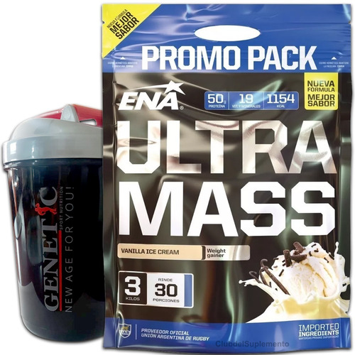 Gainer Ultra Mass 3 K Ganador Peso Fuerza + Shaker Genetic