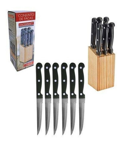 Imagem 2 de 2 de Jogo De Facas 7 Facas Para Churrasco Com Cepo