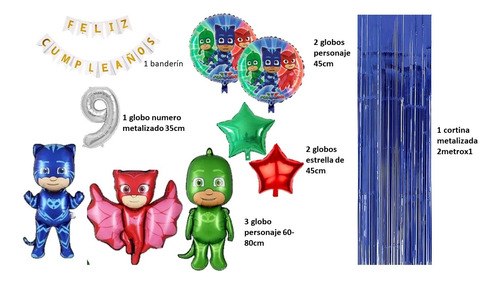 Kit Decoración Pjmasks Globos+cortina+banderin Azul Y Verde