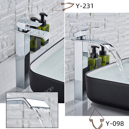 Grifo de baño Cuba Alta Cascata Inox, banco de metal Yesop, acabado brillante, color cromado