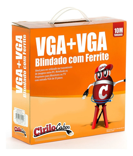 Cabo Vga Blindado Com Ferrite, 10 Metros - Cirilo Cabos
