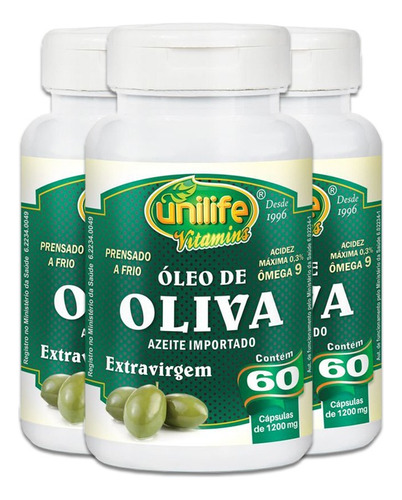 Kit 3 Óleo De Oliva Extra Virgem 60 Cápsulas Unilife Sabor Sem Sabor