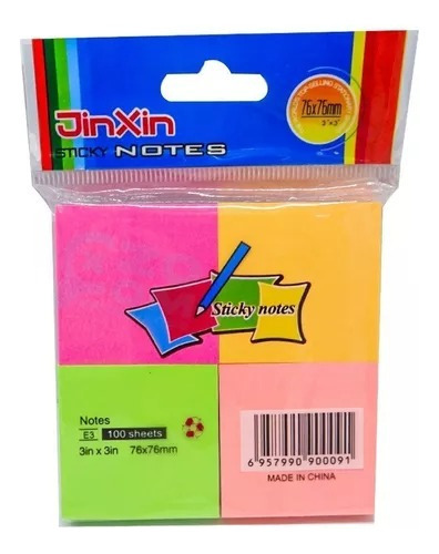 Bloco De Notas Adesivas 4 Cores Neon Quadrado Post It 100fls