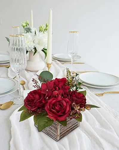 Arreglo Floral Con Jarrón De Madera, 8 Flores Artificiales E