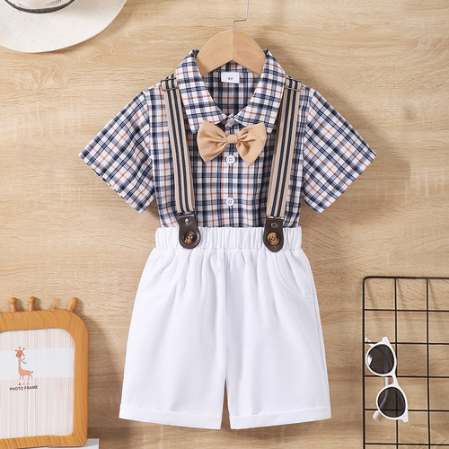 Conjunto A Cuadros Formal Para Niños Con Moño Y Tirantes Blanco 2-3 A