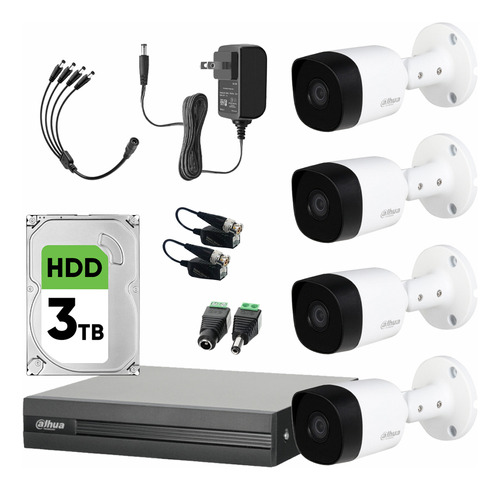 Dahua Kit De Video Vigilancia 4 Cámaras 2 Mp Metalicas Disco Duro De 3 Tb + Transceptores Kit Cctv Con Busqueda Inteligente De Alta Resolución