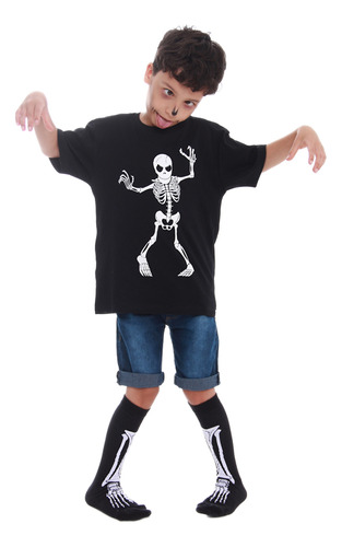 Fantasia Camiseta Esqueleto Infantil Algodão