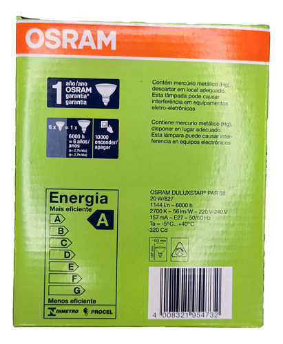 Lampara Osram Par38 Bajo Consumo 20w Calida Blanco Cálido