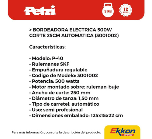 Imagen 3 de 8 de Bordeadora Petri P40 500w Color Negro 220v