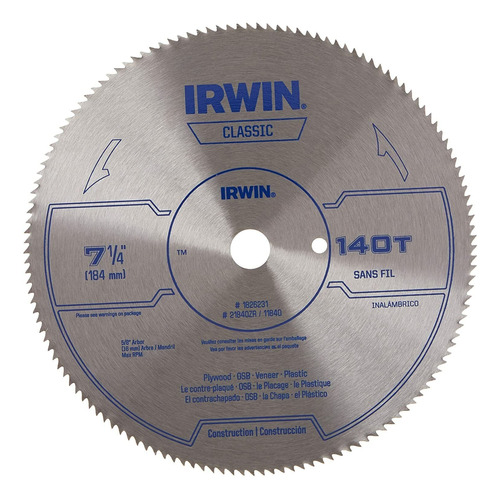 Disco Sierra Circular Irwin 7-1/4'' 140 Dientes (eje 5/8)