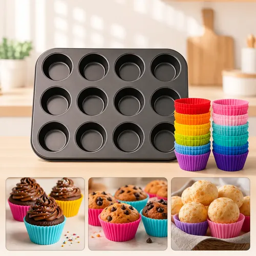 Kit forma com 12 cavidades e 12 forminhas de silicone para cupcake e muffin