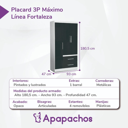 Ropero Placard Infantil Máximo 3 Puertas Con 2 Cajones Melamina Reforzado Color Dakota
