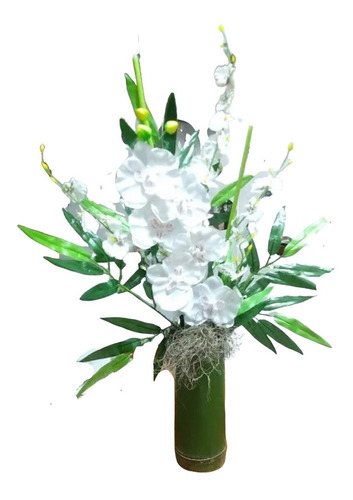 Imagem 1 de 7 de Orquideas Artificiais Brancas + Vaso  Bambu Arranjo Flores