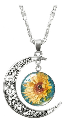 Collar Dije Luna Girasol Flor Cristal Color Plata Mujer