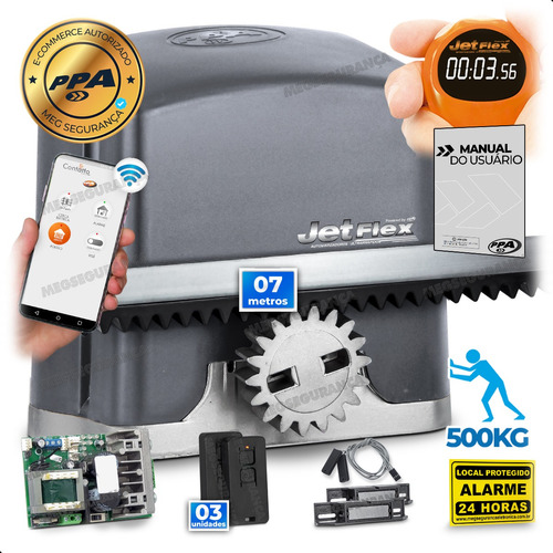 Kit Motor Portão Ppa Dz Wifi Jet Flex 7m 3 Controle 500kg 4s