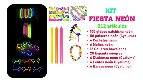 Paquete Fiesta Neón 212 Artículos, Pulseras, Globos, Cyalume