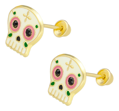 Aretes Broquel Oro 10k Niñas O Mujer Catrina 373