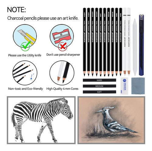 Set De Dibujo Carbón, 19 Piezas, Lápices De Carbón N...