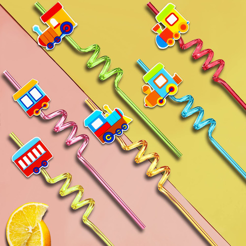 Popotes Reutilizables Con Espiral Y Figura De Tren 24pz 25cm
