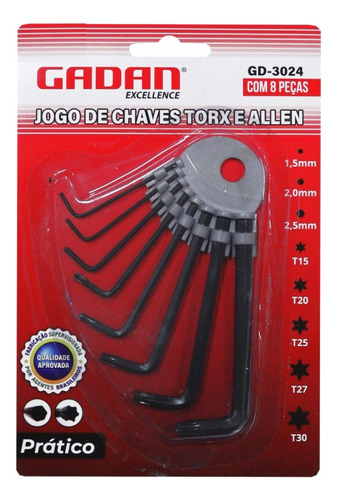 Kit Chave Torx & Allen C/ 8 Peças - Gadan Cor Preto