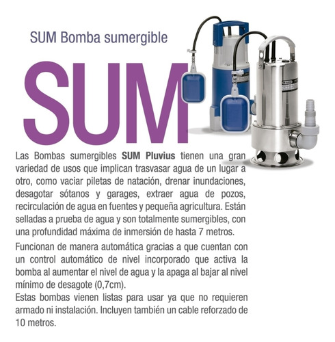 Imagen 3 de 10 de Bomba Sumergible Desagote 400 W Agua Limpia Pluvius Suml400