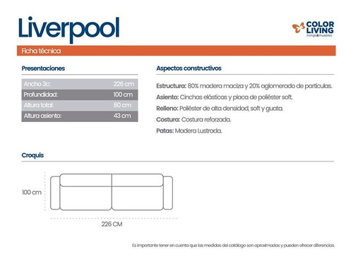 Sillón Sofá Liverpool Tapizado 3 Cpos - Color Living - Cuota
