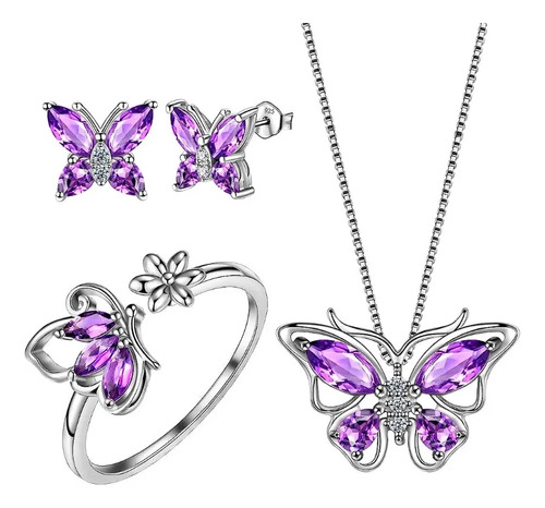 Conjunto De Joyas Mariposas Collar+aros+anillo Niña Mujer