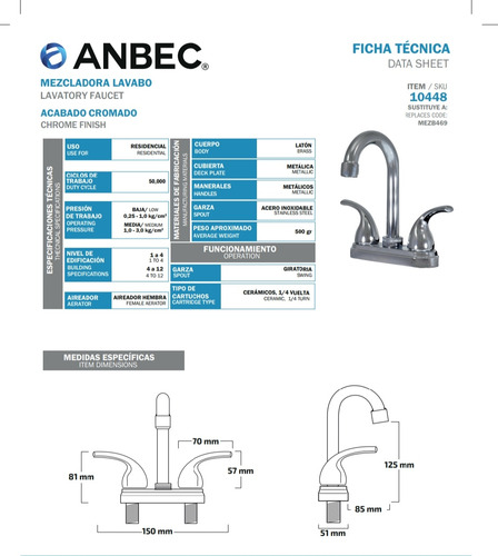 Llave Mezcladora Lavabo Tipo Bar Cromo
