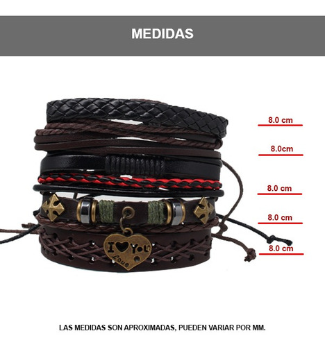 Imagen 6 de 6 de Set De 5 Pulseras De Cuero Con Dije De Corazón