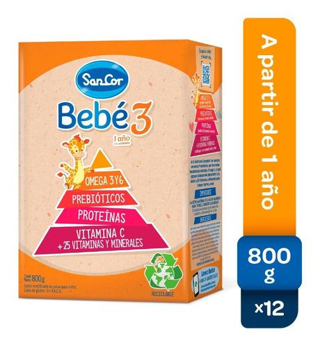 Leche Sancor Bebe 3 Nutricion Comp. Polvo 800gr X 12 Cajas