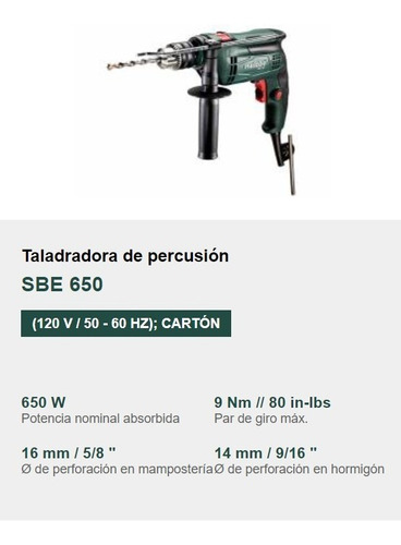 Imagen 2 de 7 de Taladro Percusión Metabo 5/8 -sbe 650w -1.500 Rpm -44.800bpm