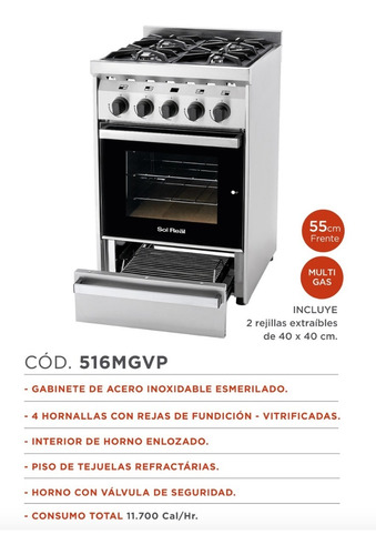 Imagen 3 de 10 de Cocina Industrial Sol Real 516-mgvp Multigas Con Parrilla