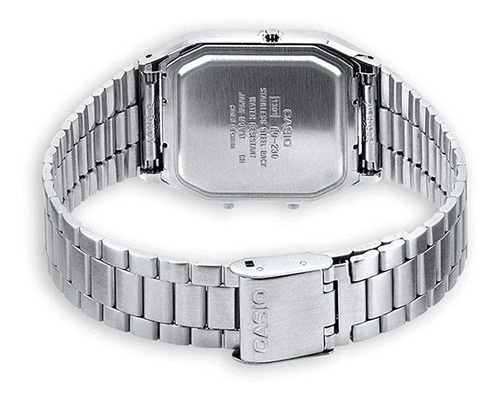 Reloj de pulsera Casio AQ-230 de cuerpo color plateado, analógico-digital, fondo negro y gris, con correa de acero inoxidable color plateado, agujas color plateado, dial plateado y negro, minutero/segundero plateado, bisel color plateado