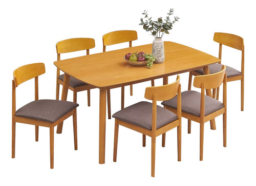 Juego De Comedor En Madera Maciza Mesa Y 6 Sillas Tapizadas Color Marrón