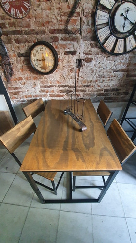 Imagen 7 de 10 de Mesa Hierro Y Madera 120x70 + 4 Sillas Industriales Exterior