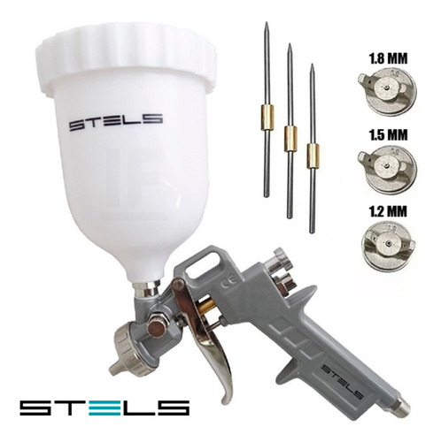 Imagem 4 de 5 de Pistola Pintura Gravidade 600ml + 3 Bicos 1.2 1.5 1.8 Stels