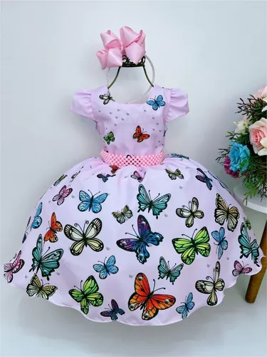 Vestido Infantil Rosa C/ Renda de Borboletas Dama Princesas