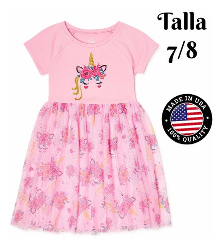 Vestido De Niña Con Tull Rosado Unicornio American Talla 7/8