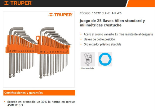 Juego Llave Allen Hexagonal X25pz Milimetrica Pulgada Truper