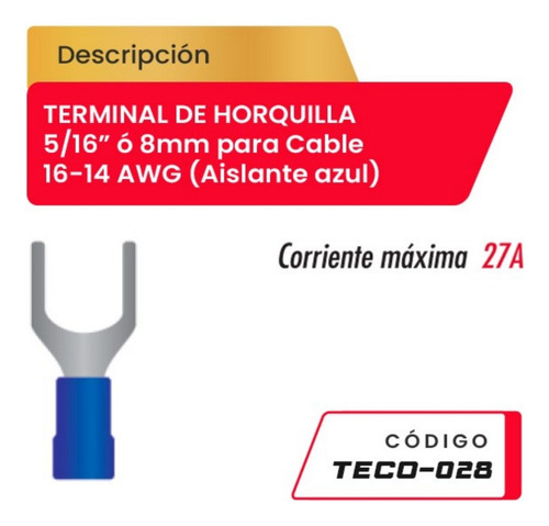Terminal De Horquilla 5/16  Para Cable 16-14awg Teco-028 Azu