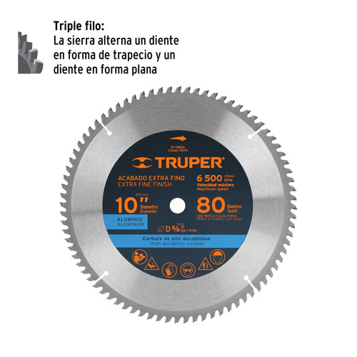 Disco 10'' Sierra Alumin 5/8 80 Dientes Carburo Truper 18310
