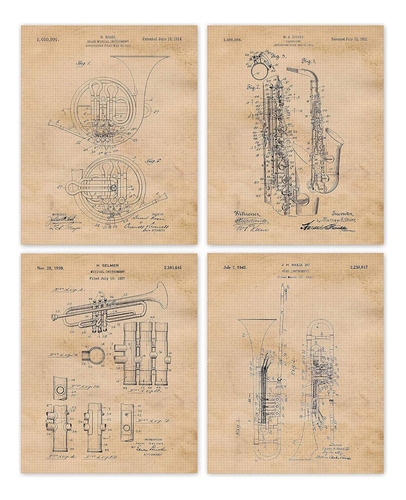 Vintage Horn Instruments Patent Prints, 4 (8x10) Unframed Ph