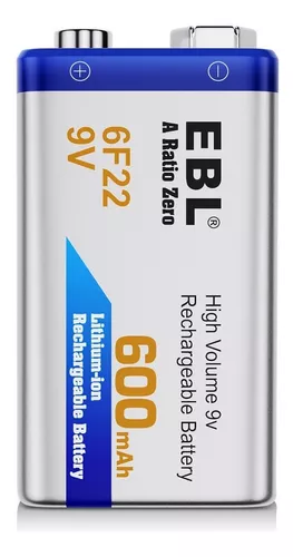 EBL Baterías de 9 V, batería recargable de 9 V, 600 mAh, baterías de litio  6F22 para detector de humo, larga duración (paquete de 4)