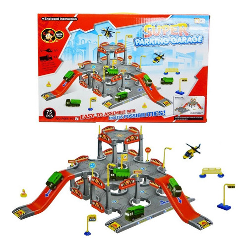 Parqueadero 3 Pisos Pista + 2 Carros 1 Helicóptero 75pcs  