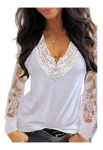 A Mujeres Cuello V Profundo Encaje Manga Larga Playera