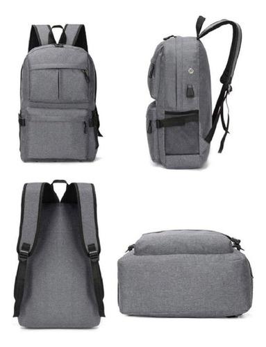Mochila Porta Notebook Reforzada Urbana Usb Unisex Premium Color Gris Diseño de la tela Jaspeado