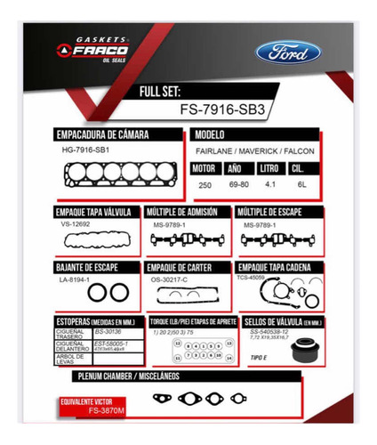 Kit Juego De Empacaduras Ford Maverick Motor 250