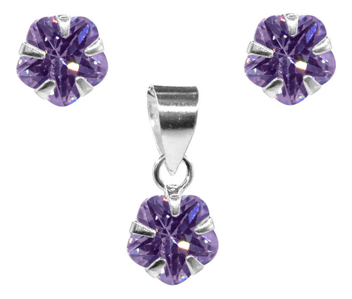 Conjunto De Plata 925 Flores De Circón Amatista