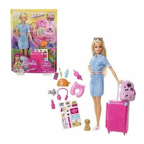 Muñeca Barbie Y Set De Viaje Con Perrito, Equipaje Y 10 Acc